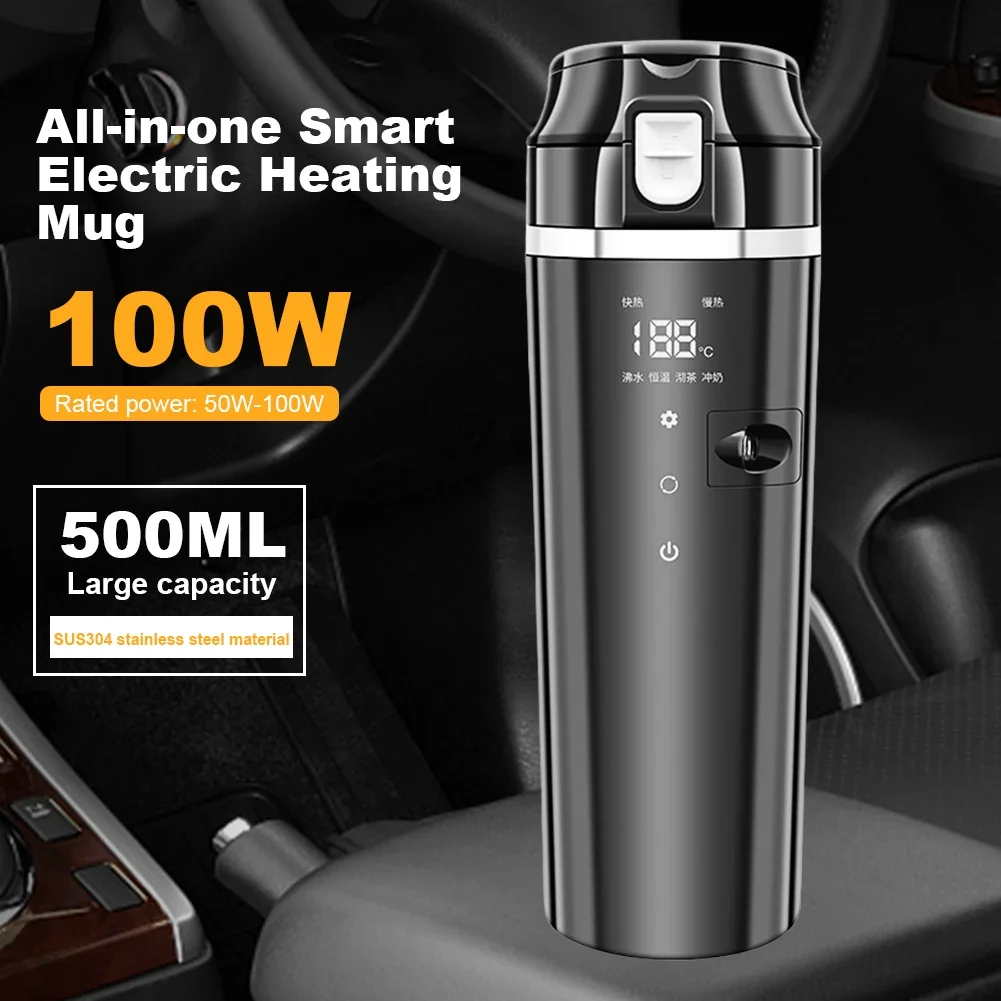 Car Heating Cup 12V/24V Digital LCD Display Electric Kettle Stainless Steel Car Heated Smart Mug 500ML Coffee Milk Heated Kettle electric kettle,beverage cup,car heater mug