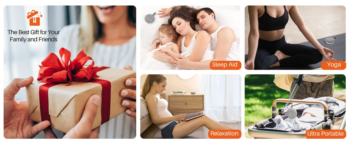 Collage of lifestyle images: gift-giving, family sleeping, yoga, child with package, and camping gear.