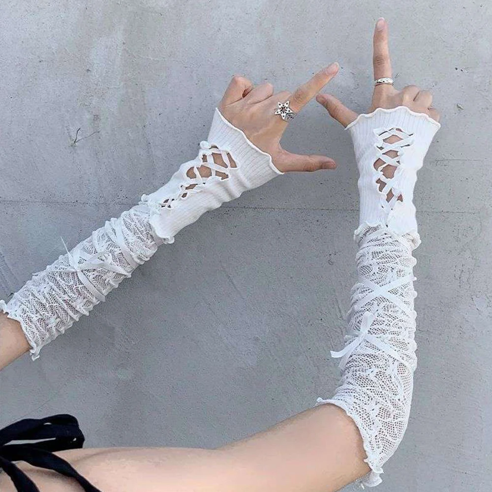 

Lace-Up Sun Protection Cuff Lace Fingerless Strapping Arm Sleeve Sunscreen Sleeve Elastic Arm Warmers Bow Tie Long Gloves Mesh