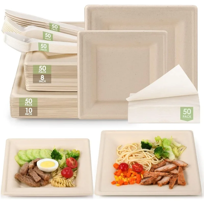 Compostable Party Paper Plates Set -[300 Pcs] 10 inch&8 inch Square Brown Paper Plates Heavy Duty, Utensils and Napkins-Eco