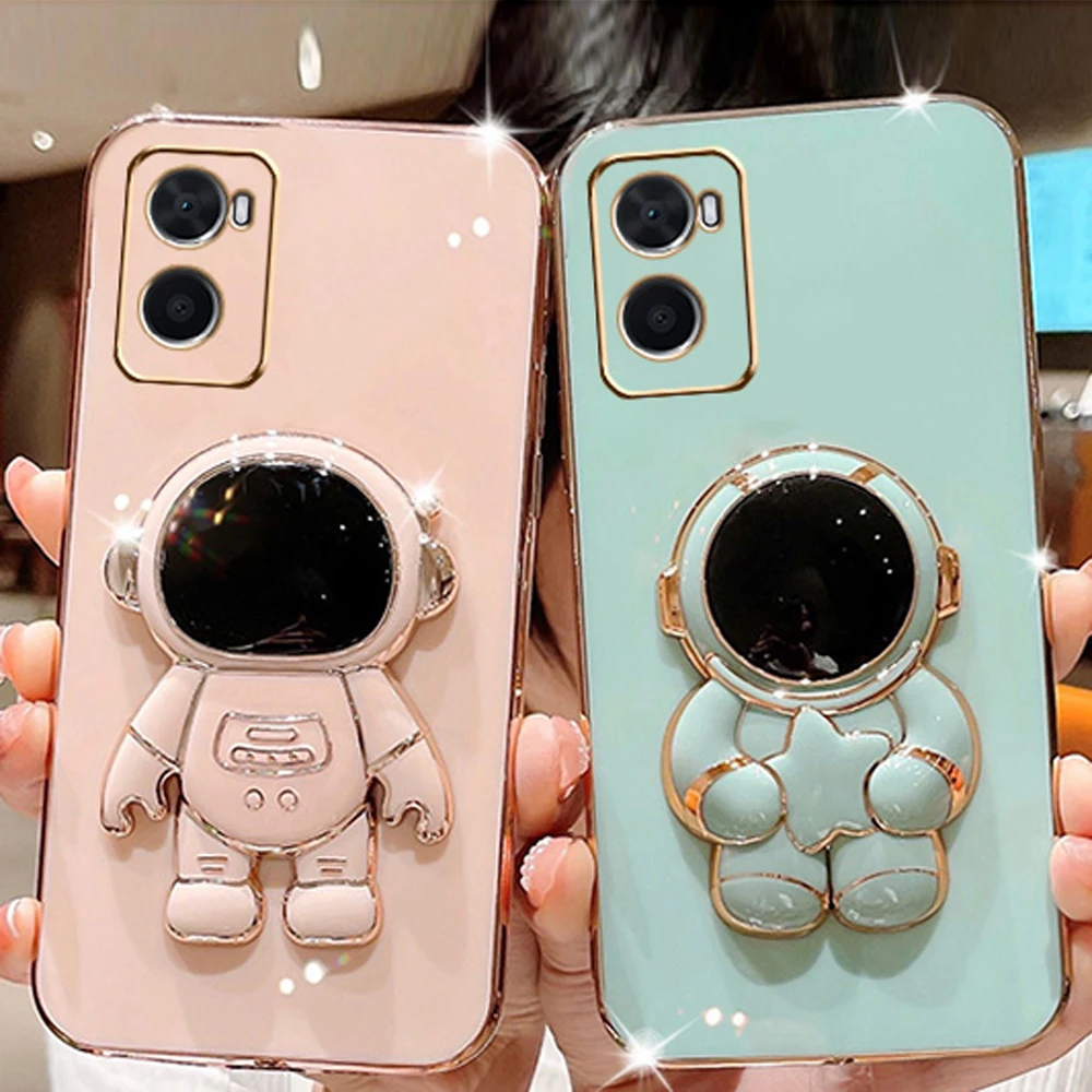 For Oppo A96 Case Oppo A76 Cover Electroplated Astronaut Folding Stand Case Oppo Cph2375 Cph2333 Camera Protector Silicone Cover