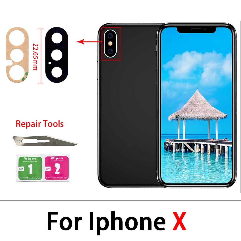 아이폰 X XR XS Max 7 8 6 6S Plus 후면 카메라 유리 렌즈 (접착제 스티커 + 수리 도구 포함)