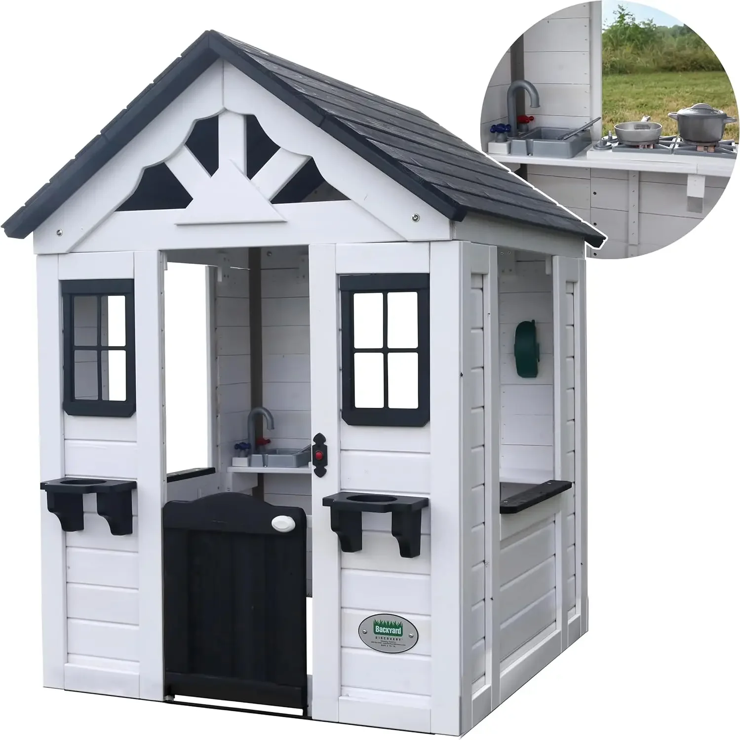 

Backyard Discovery Sweetwater All Cedar White Modern Outdoor Wooden Playhouse, Cottage, Sink, Stove, Windows, Kitchen