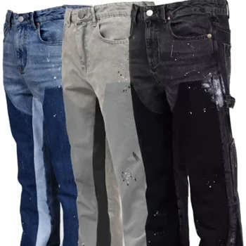 2025 Men's Fashion Jeans Work Pants, European and American Fashion Workwear Elastic Patchwork Denim Layered Flared Pants S-XXL 1