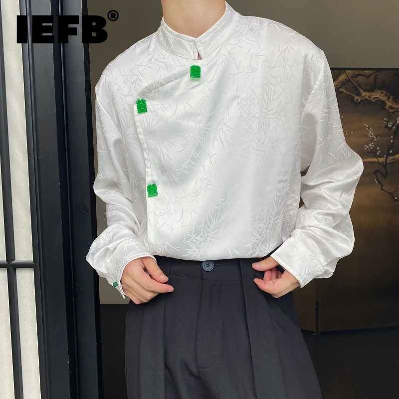 

IEFB New Chinese Style Standing Collar Shirts Fahion Men's Clothing Long Sleeve Satin Jacquard Cardigan Solid Color Trend 9C2909