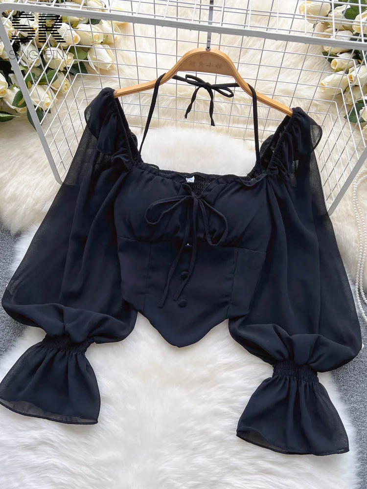 ★送料・関税込★sinoon★RIBBON PUFF LONG SLEEVE★ SINGREINY Ruffles Flower Loose Women Shirt Elegant O Neck