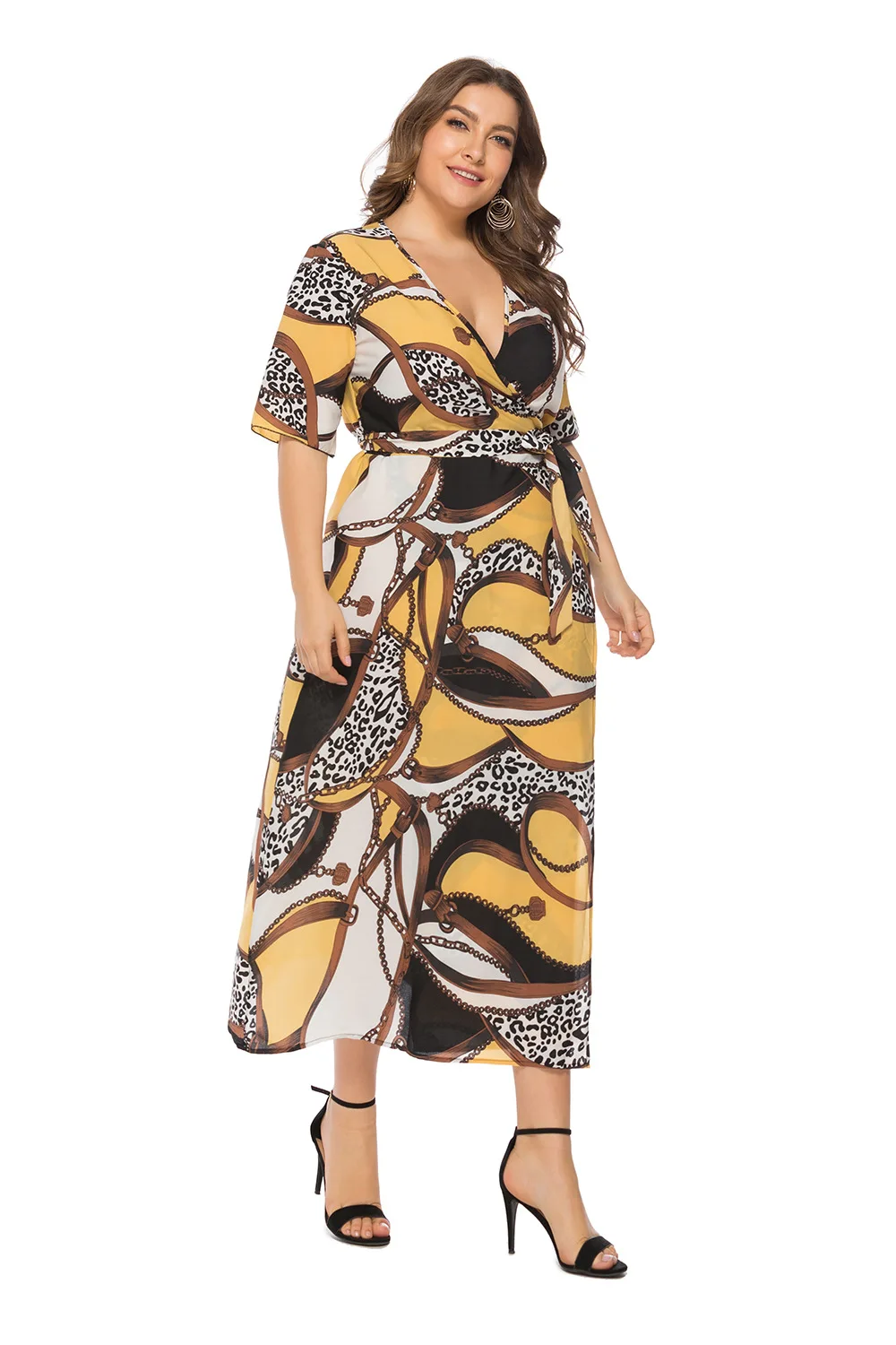 플러스 사이즈 반팔 O넥 체인 프린트 맥시 롱 드레스, 여성용 