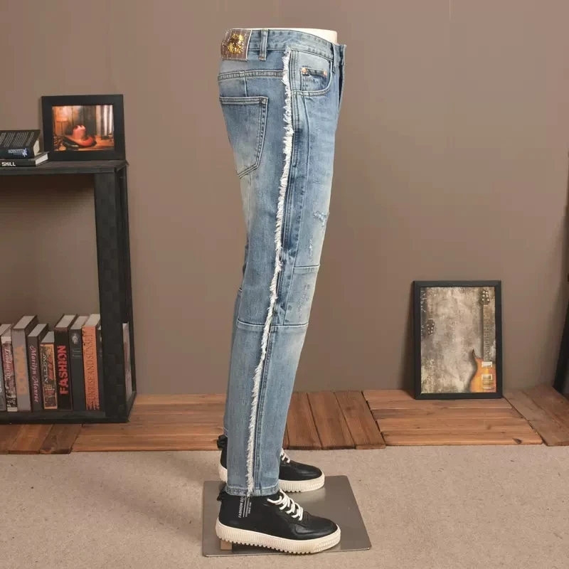 Fashion Streetwear Men Jeans Retro Blue Elastic Stretch Skinny Fit Ripped Jeans Men Spliced Designer Hip Hop Denim Pants Hombre