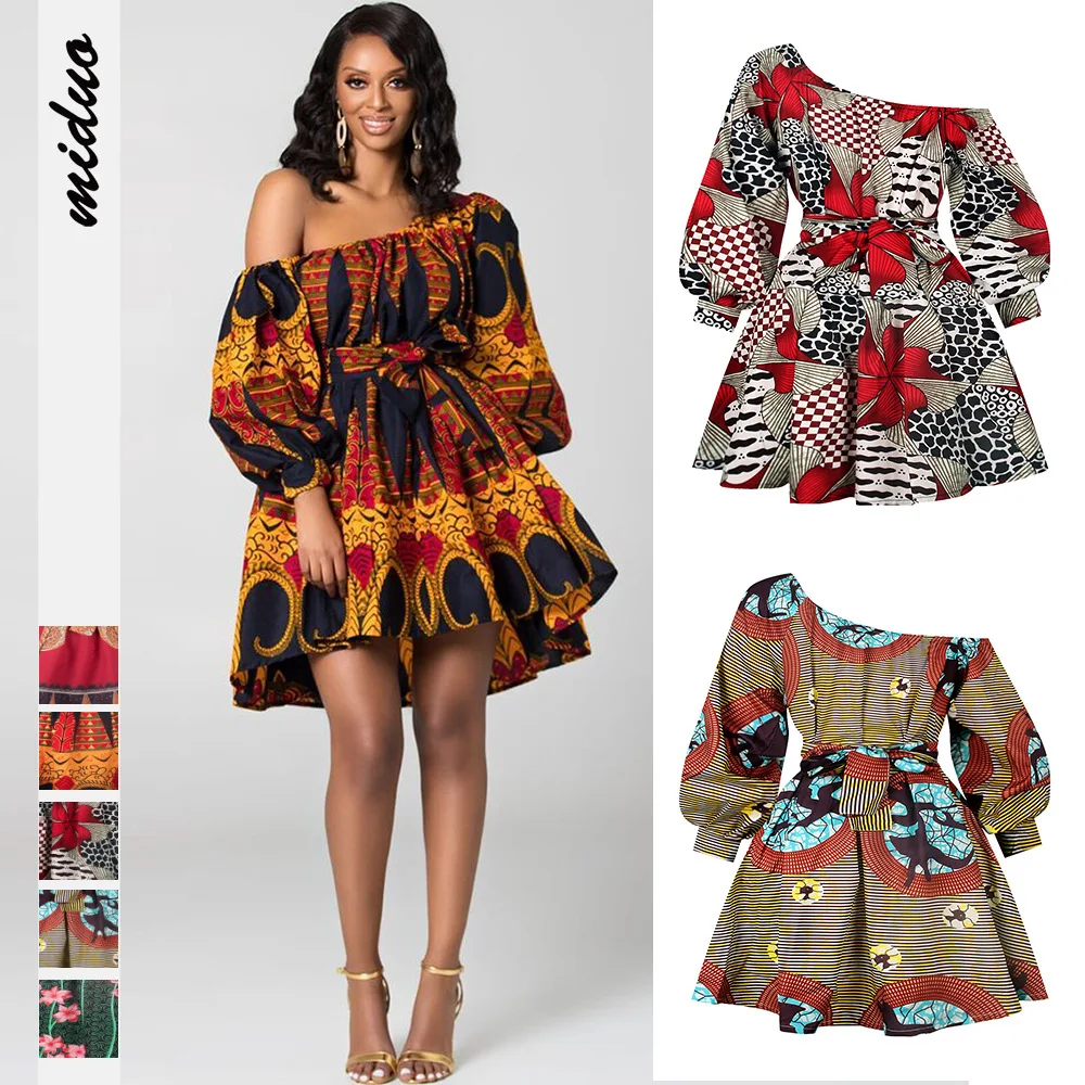 

African Dress Women European American Sexy Slanted Shoulder Elastic Shrink Dress Summer Bohemia Flower Print Two Wear