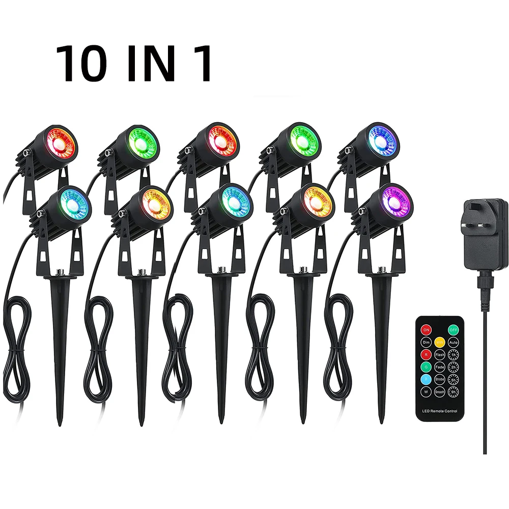10 in 1 LED outdoor lighting plugin lawn lights colorful RGB outdoor waterproof landscape