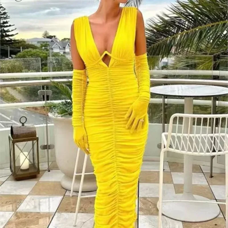 

2023 New Summer Yellow Women Sexy Sleeveless Ankle Length Backless Deep V Neck Fashion Celebrity Party Bodycon Dress Vestidos