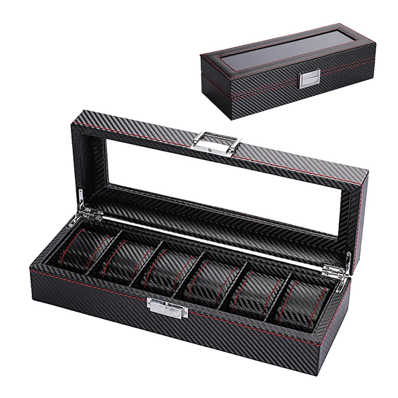 Watch Box 6 Slot Watch Box Organizer for Men Display Case with Glass Topped for Gift Business Carbon Fiber Leather