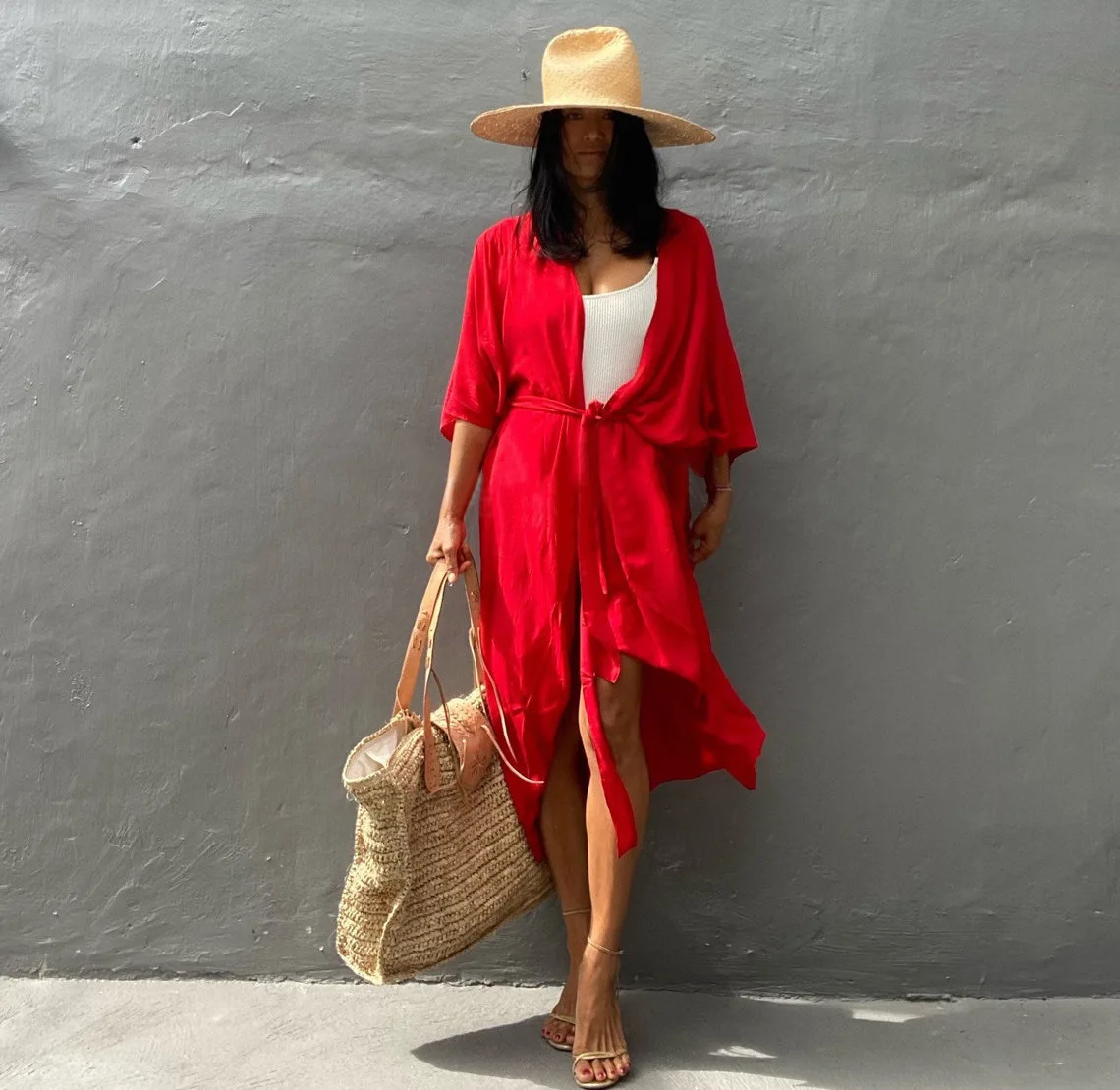 Women's Beach Cover Ups Open Front Tie Dye Maxi Cardigan Kimono Swimsuit with Belts 1