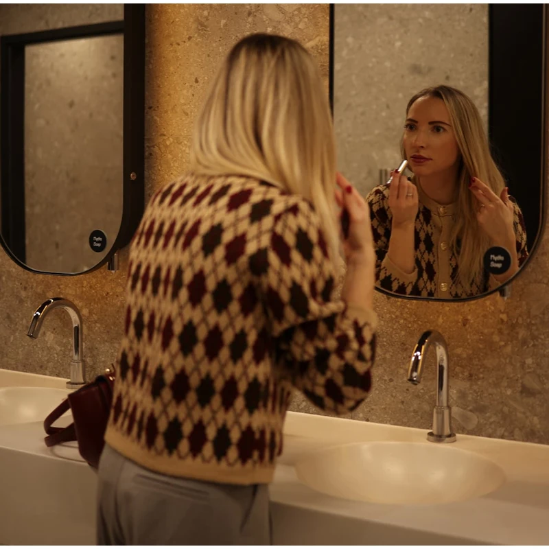 Plaid Knitted Slim Cardigan Women Autumn O-neck Long Sleeve Metal Button Short Sweater Coat Lady All-matching Knitwear New