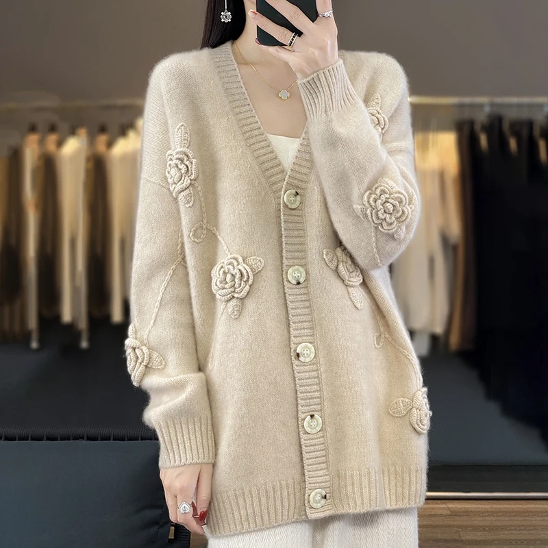 

Smpevrg Winter Woman's Sweaters Casual Thick Coats Female Cardigan Long Sleeve V-Neck Jacket Large Size Tops 100% Wool Knitted