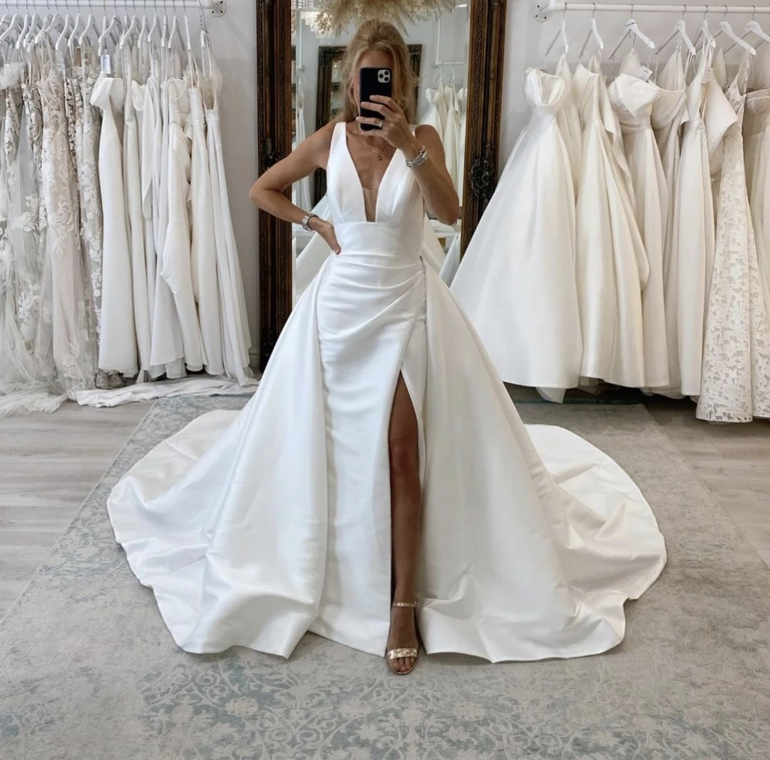 

Vestido de Novia Satin Elegant Mermaid V-Neck Backless Customize To Measures Wedding Dress Stunning Side Slit Detachable Skirt