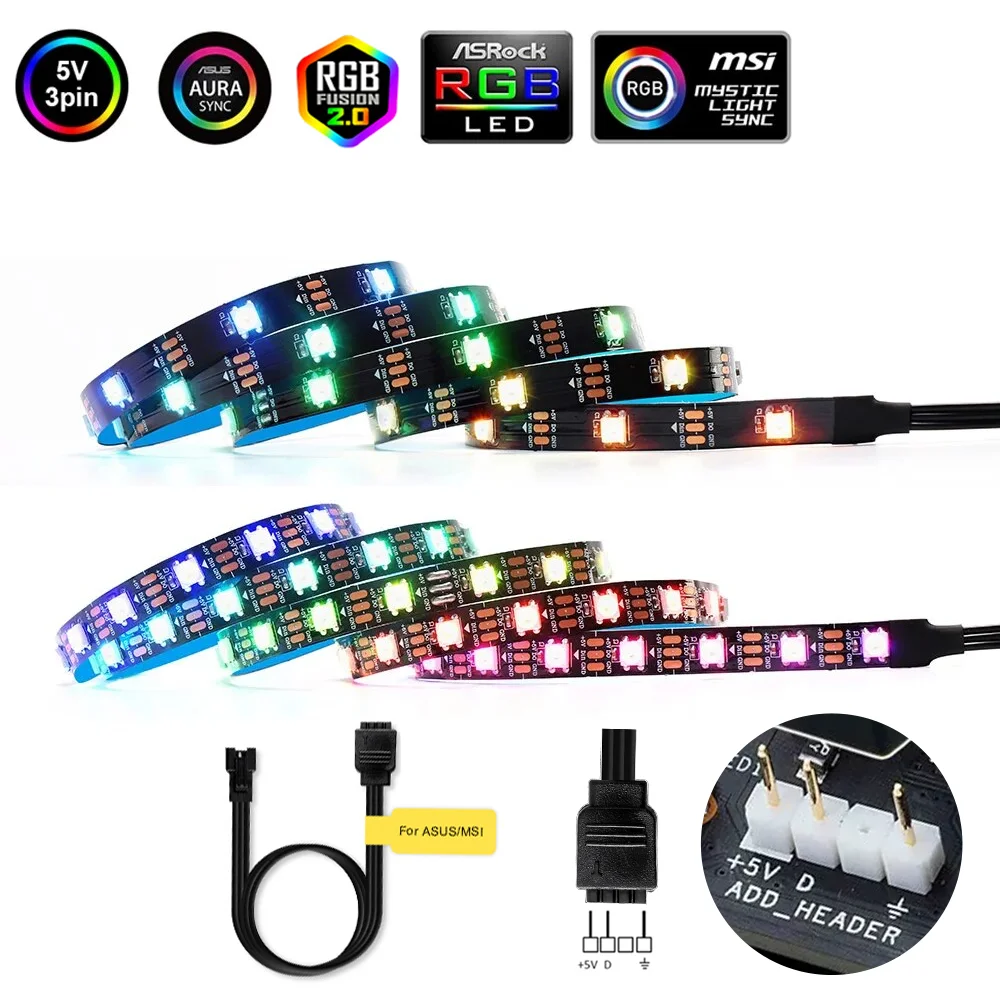 ARGB Addressable WS2812b Led Strip For PC Case Lighting ASUS Aura Sync MSI Mystic Light RGB Fusion 2.0 5V 3Pin Header Mainboard