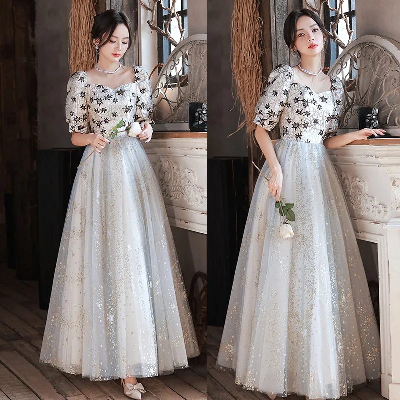 

It's Yiiya Strapless Elegant Sequins Half Sleeves Tulle Floor-Length Appliques White A-Line Formal Dress Dress Woman Party A2816