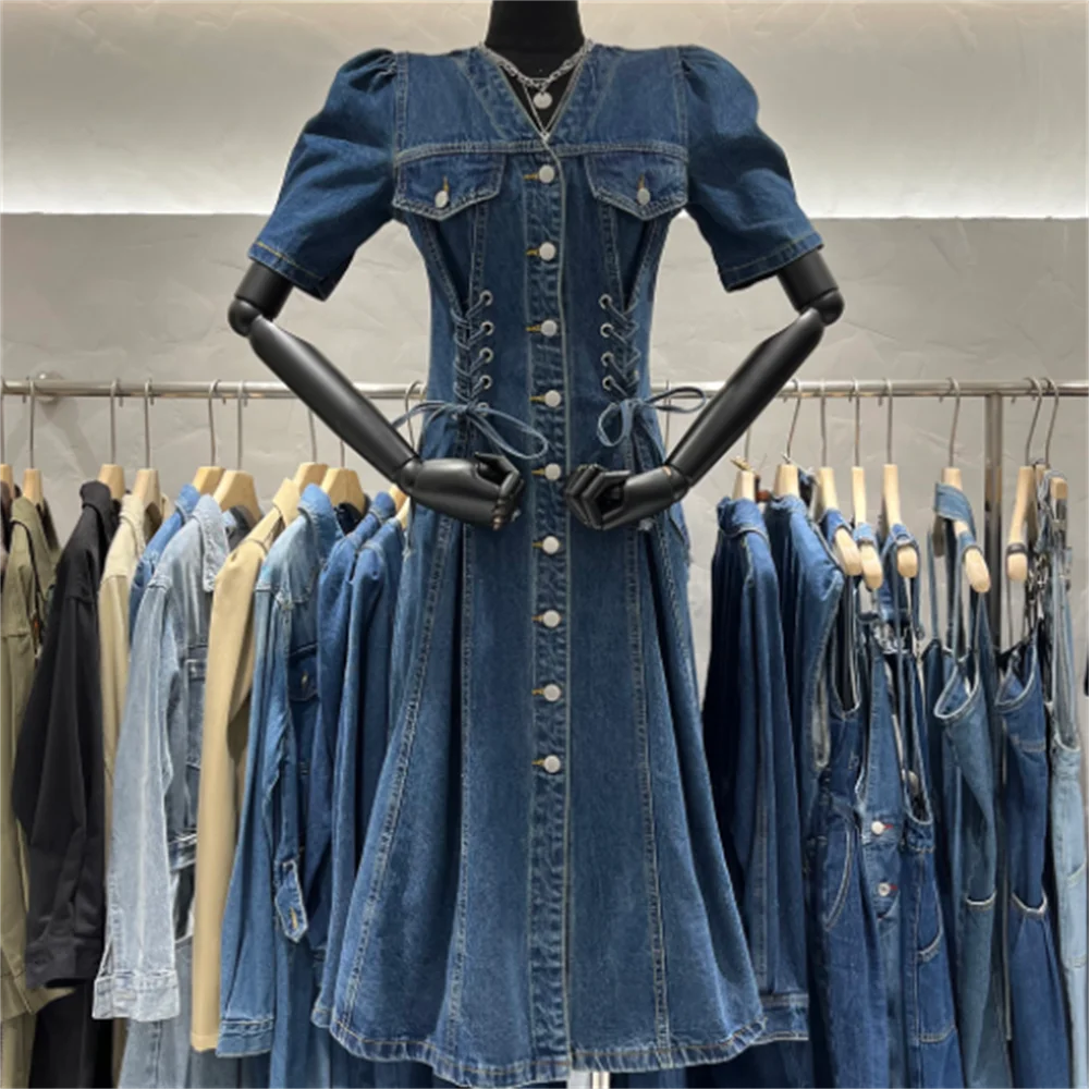 

Женское джинсовое платье с V-образным вырезом, облегающее однобортное платье с пузырьковым рукавом, поясом и пряжкой, новинка весны 2023