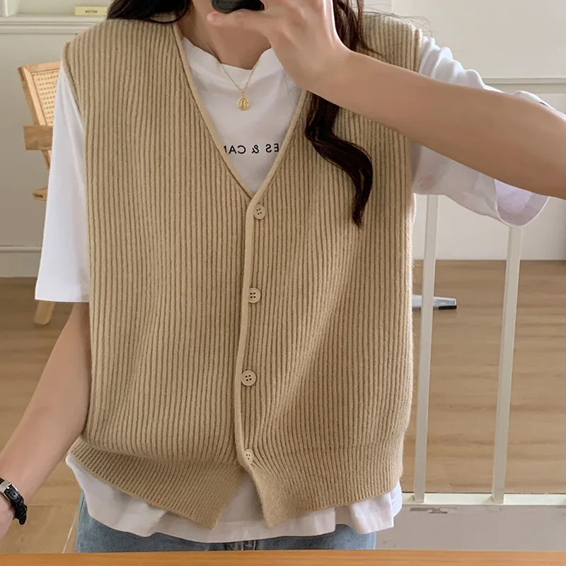 Autumn Women Knitted Deep V Neck Sleeveless Cardigan