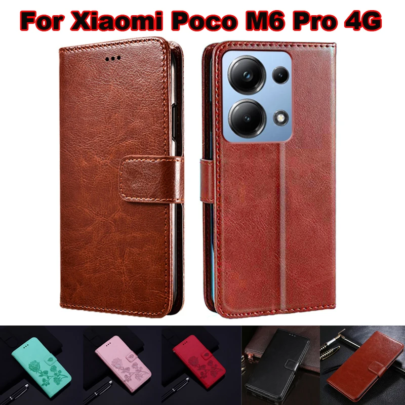 

Чехол-книжка для телефона, чехлы для Xiaomi Poco M6 Pro 4G, Кожаные чехлы, откидной Чехол для carcase Poco M6 Pro 4G Mujer Hoesjes