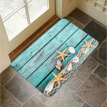 Coastal Wood Door Mat Starfish Shells Pattern Welcome Rug Soft Non-Slip Artistic Home Decor Entryway Carpet Indoor Outdoor Decor 1