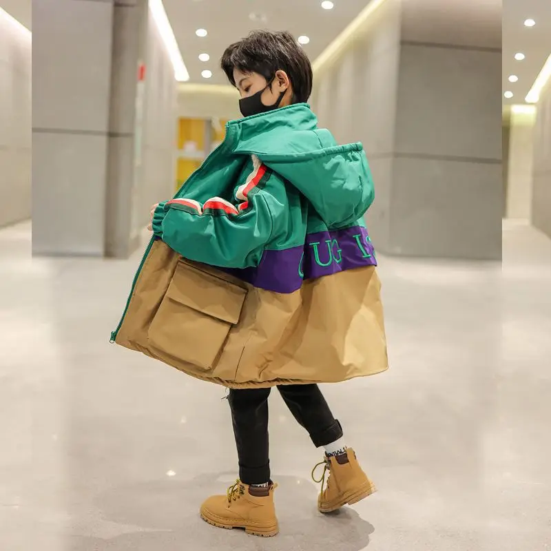 New Winter Children's Boy Thick Velvet Lining Jackets Outerwear Long style Clothes Hooded Teen Boys Windproof Parka Coats 5-12Y