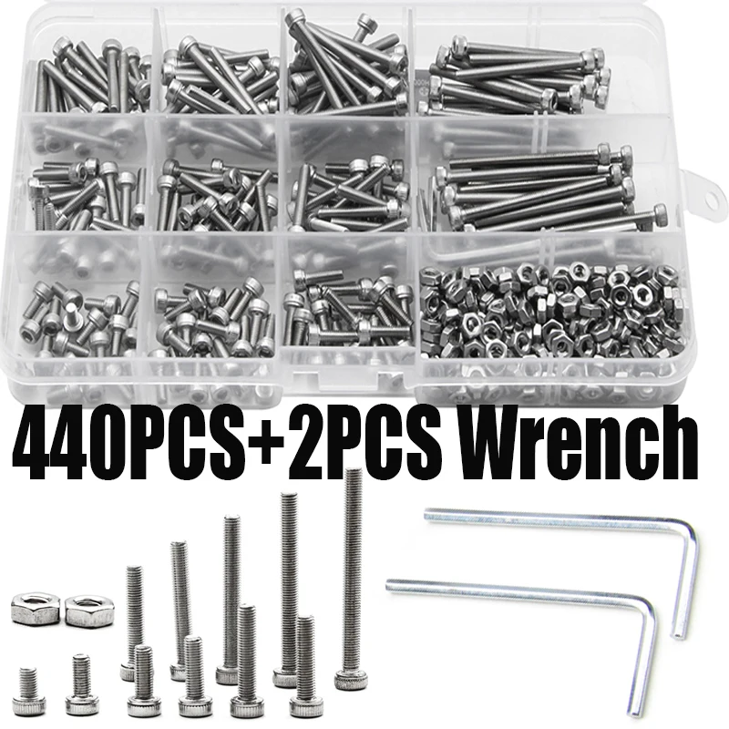 440PCS Screws 304 Stainless Steel M3 Screws Cylinder Head Hexagon Hex Screw Bolt Kit with Wrench Furniture Fastener Kit