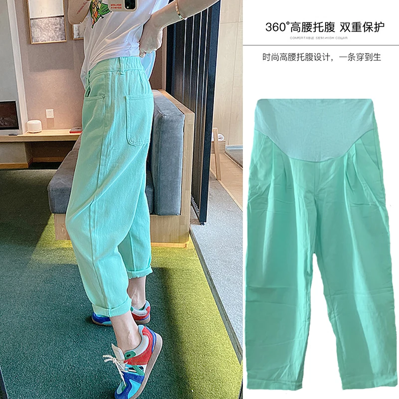 

2024 Green Pregnant Woman Summer Pants Candy Color Maternity Clothes High Waist Pregnancy Belly Trousers Plus Size Clothes Loose