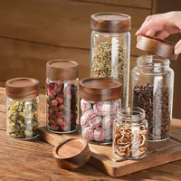 High Borosilicate Glass With Lids Storage Tank Acacia Wood Miscellaneous Grain Sealed Can Storage Pots Split Bottle Spice Jars 1
