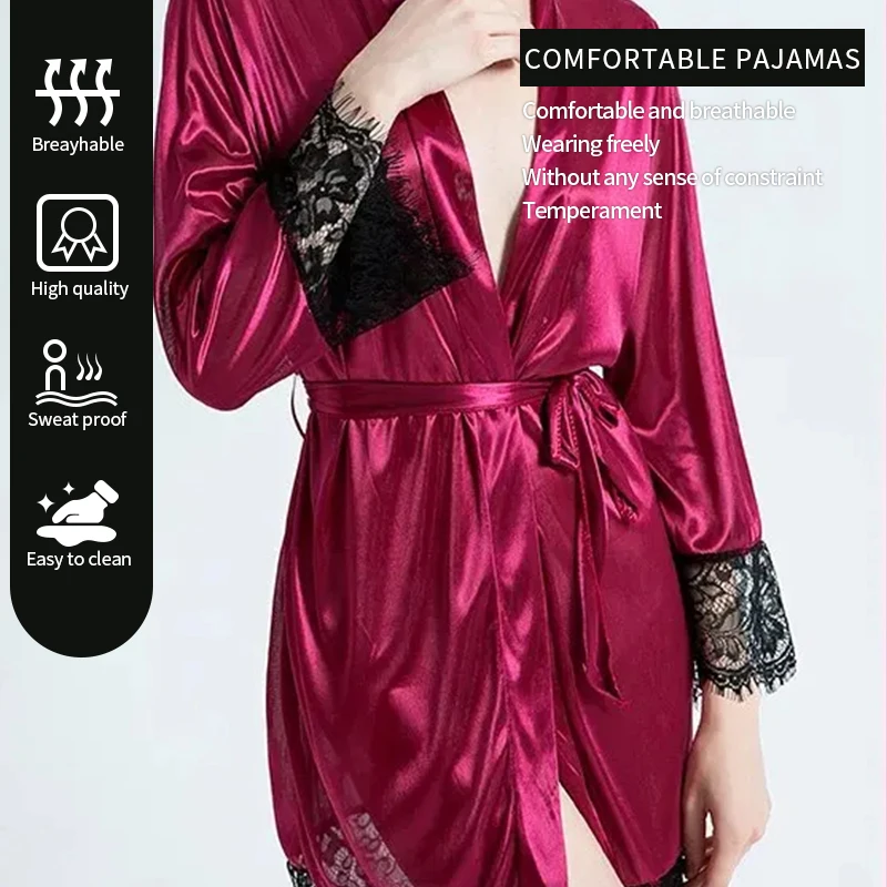Women's Lace Patchwork Bathrobe Pajamas Women's Soft and Comfortable Solid Color V-Neck Bathrobe Pajamas