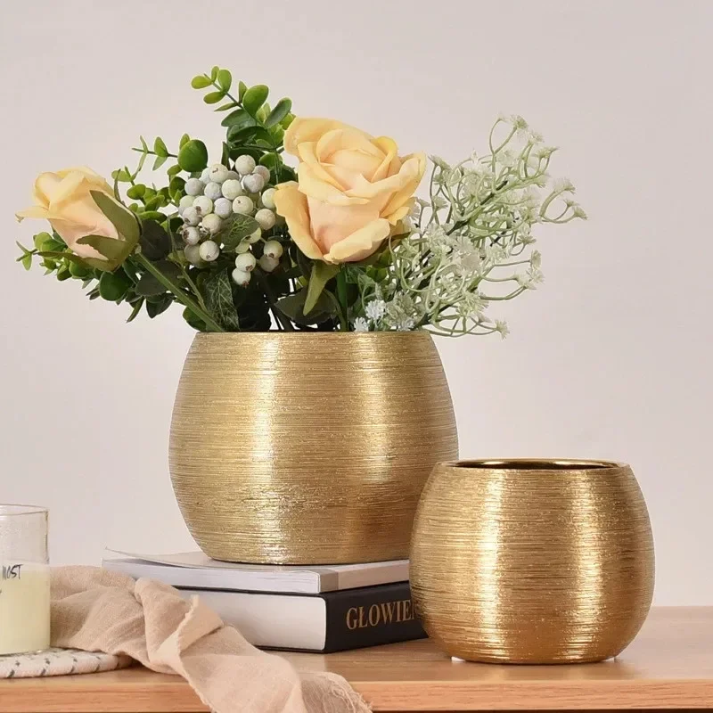 

Gilded Plant Arrangement Home Flower Pots Decorative Ceramic Porcelain Nordic Round Vases Vase Decor Brushed Golden