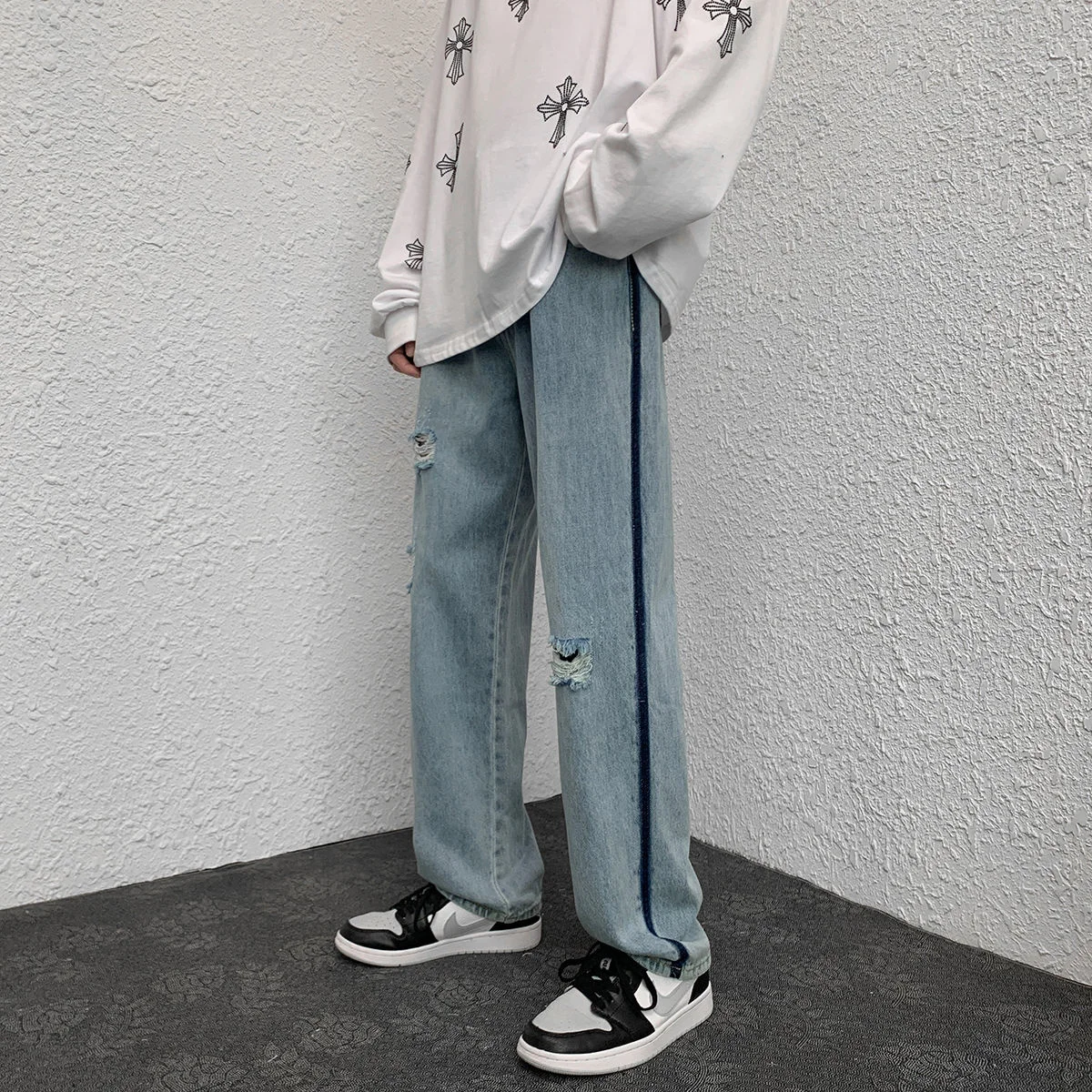 

Four Seasons Washed Blue Jeans Loose All-match Casual Denim Pants Street Trend Hip Hop Hole Nine Points Straight Men's Overalls