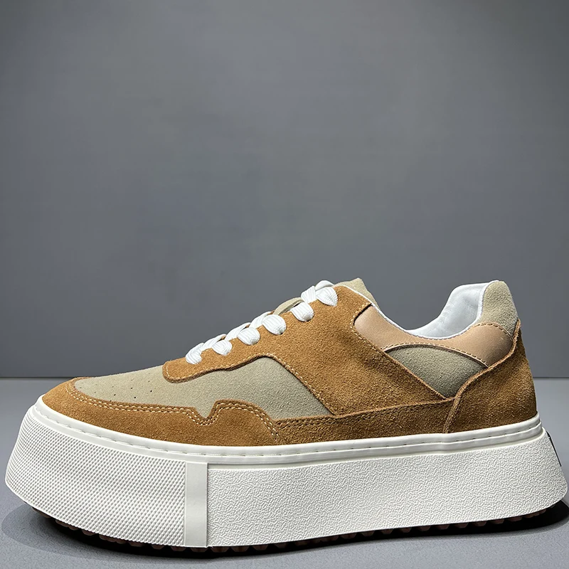 

Men Shoes Trendy Heightened Design Genuine Leather Sewing Thick Soles Fashionable Casual White Shoes Sports Skateboard Shoes Men