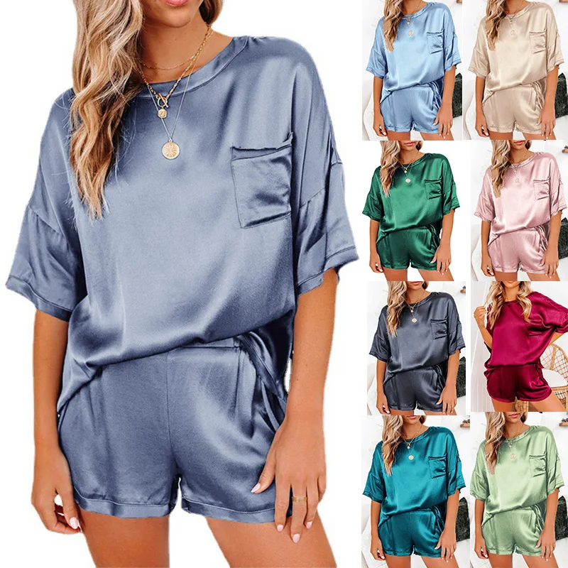 

Summer New Casual Wear Pure Color Satin Chiffon Silk Pajamas Home Ladies Clothing Short Sleeve 2 Piece Set