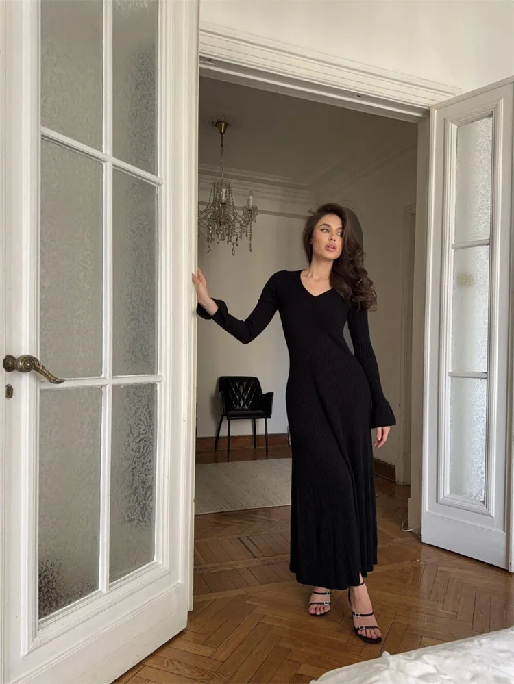 Vestido retro de punto con cuello en V para mujer, suéter de canalé para otoño e invierno, vestido largo elegante, ajustado, con mangas acampanadas, ropa para mujer