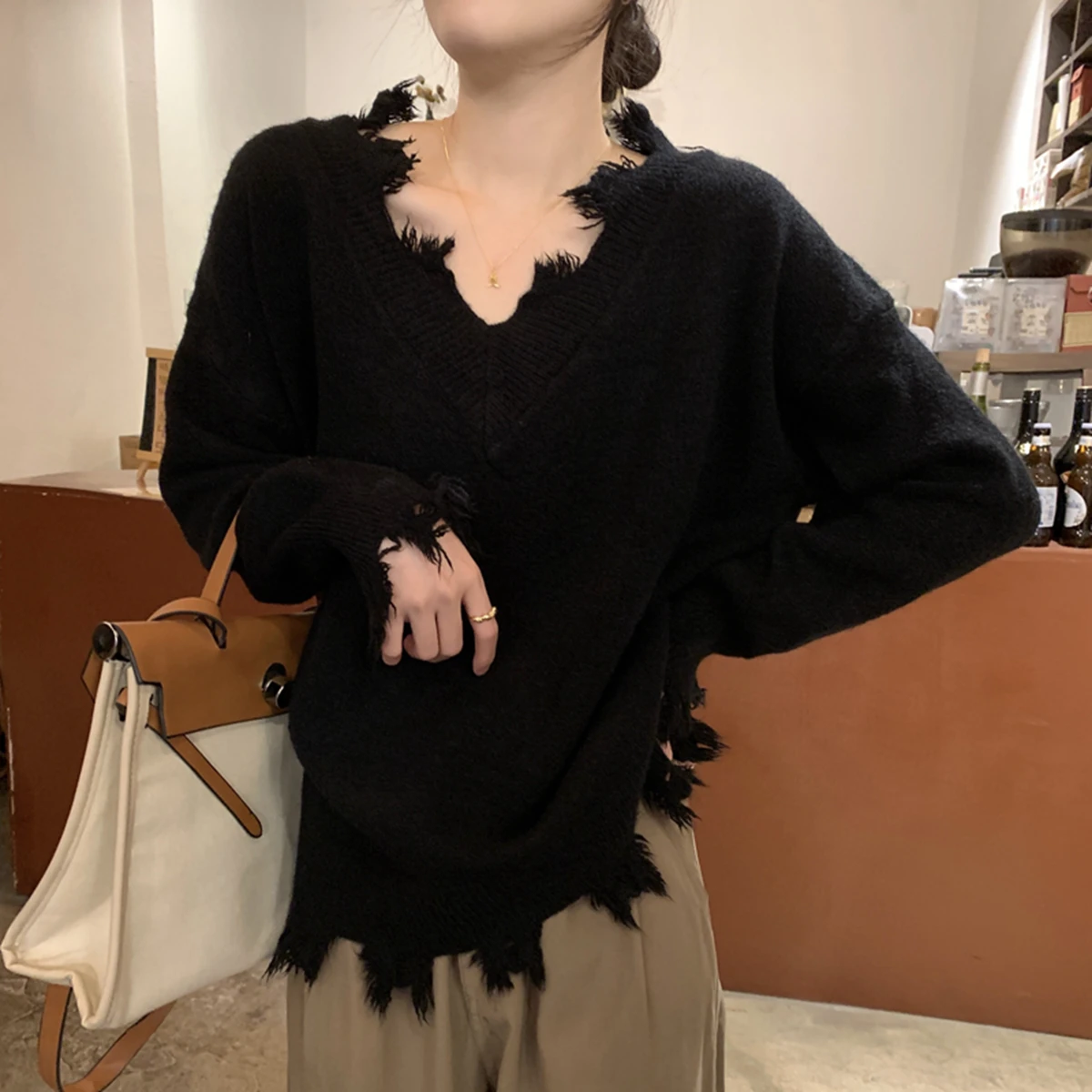 

V-neck Knit Pullovers Women Spring Fall Korean Fringe Loose Long Sleeve Sweaters Top 4 Colors