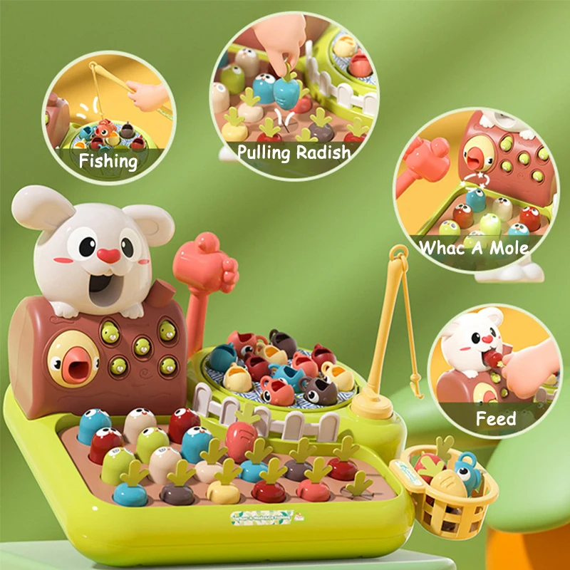 Toddler Montessori Toy Fishing Whac A Mole Pull Carrot Feeding 4-In-1 Multifunctional Music Toy Learning Educational Baby Gift 2