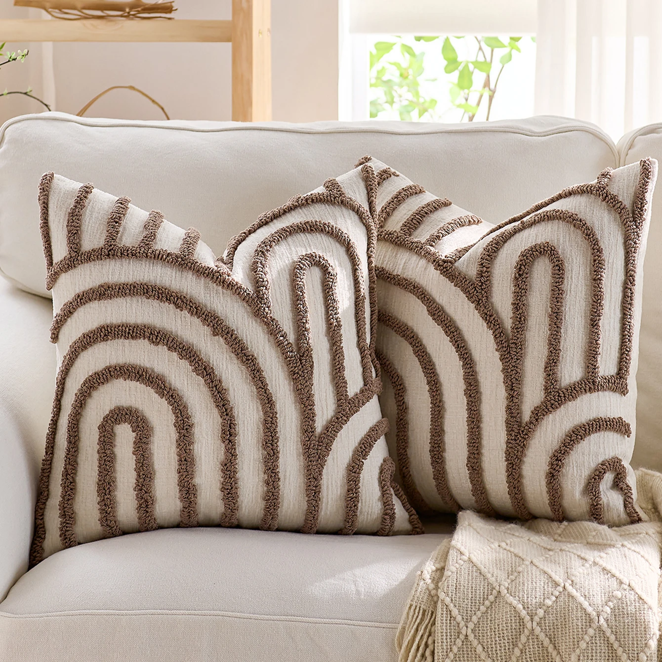 Light Brown geometric embroidered cushion cover