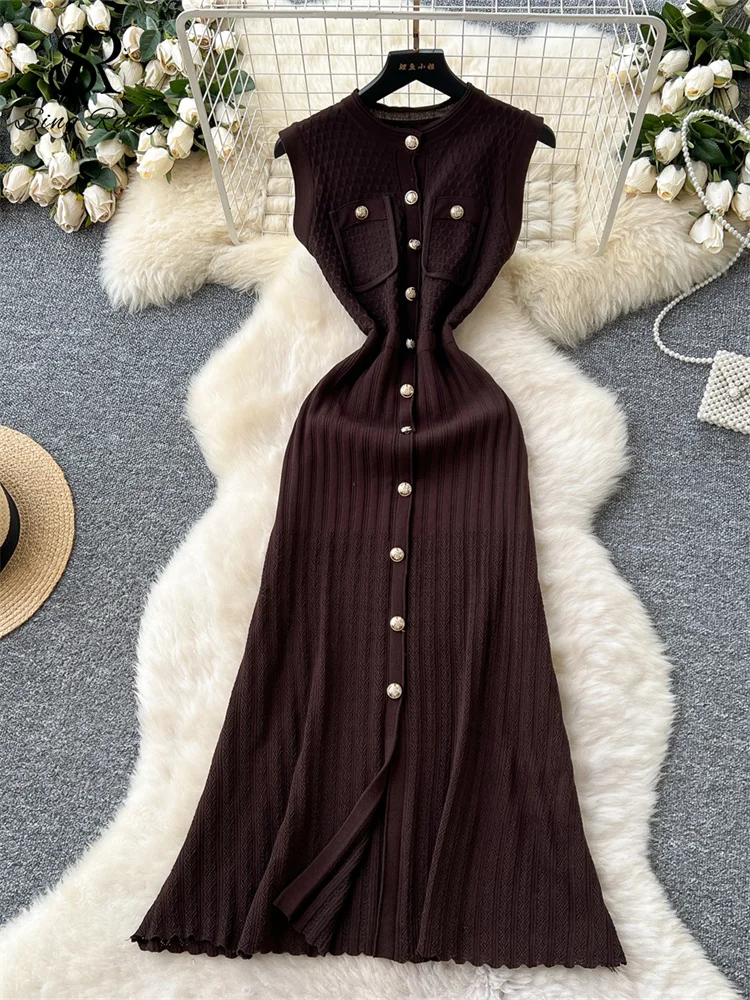 SINGREINY Senior Office Lady Dress O Neck Sleeveless Single Breasted Chic Elastic Waist Slim Sundress High Quality Knitted Dress 3