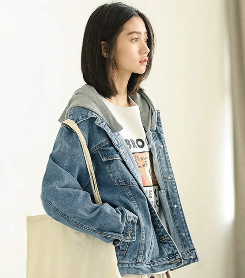 Bf Hoodie Denim Jacket Women Street Fashion Korean Loose Cowboy Jacket 2024 Spring Autumn New Outwear Student Vintage Streetwear
