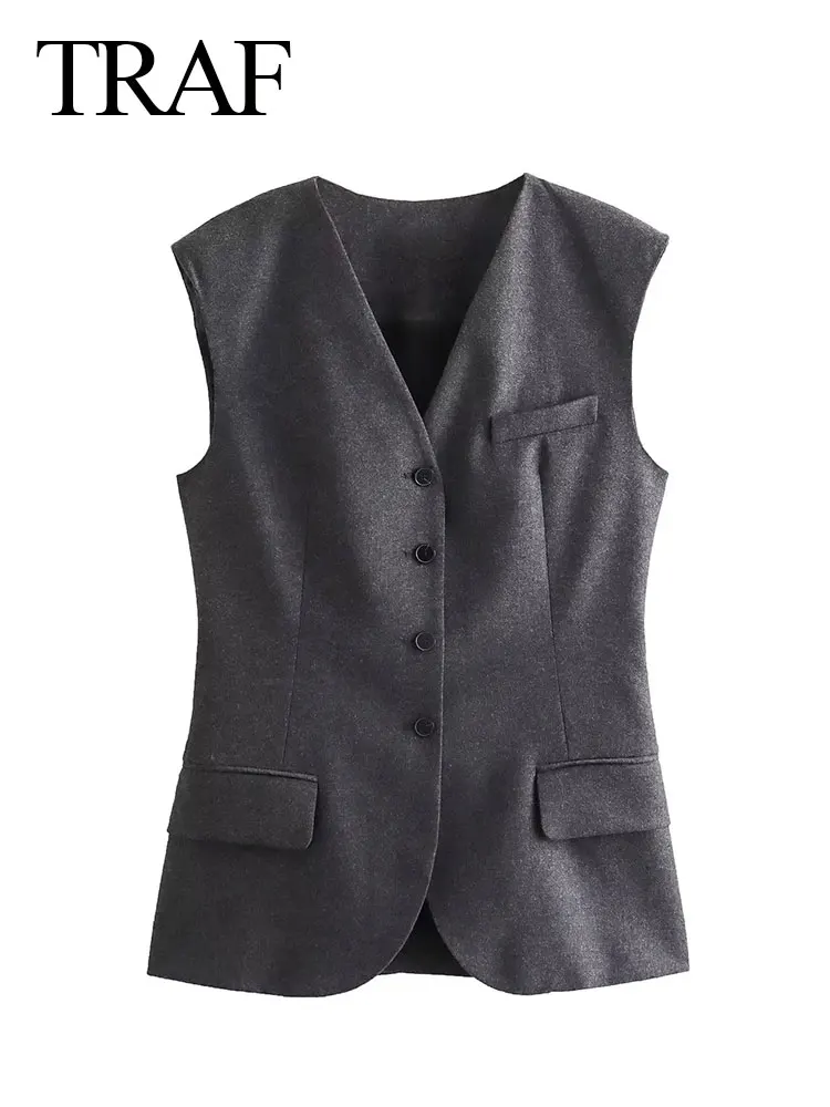 

TRAF 2024 Spring Vest For Women Fashion New Sheath Extended Version Cardigan Coat Female Wild With Buttons Women's Vests