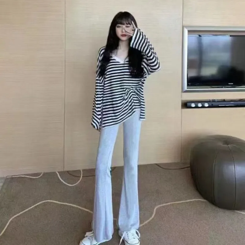 

Striped Two Piece Set for Women T-shirt + Flare Pant Sets Long Sleeve Korean Outfit V-neck Tracksuit 2023 Fashion Autumn Suit