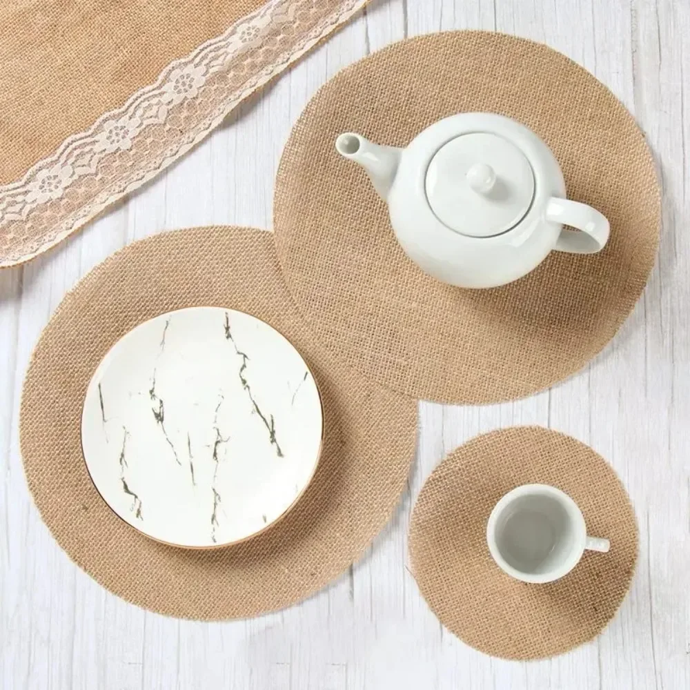 DIY Retro Natural Jute Burlap Dining Table Mat Round Square Linen Table Placemat Cup Mats For Wedding Christmas Party Decor