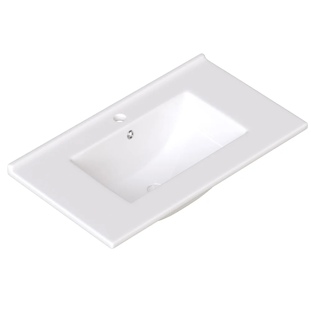 Freistehender weißer Badezimmerschrank mit Keramikwaschbecken & Metallgriffen, 3 Schubladen Retro-Waschtischunterschrank mit Soft-Close-Funktion – Detail 8