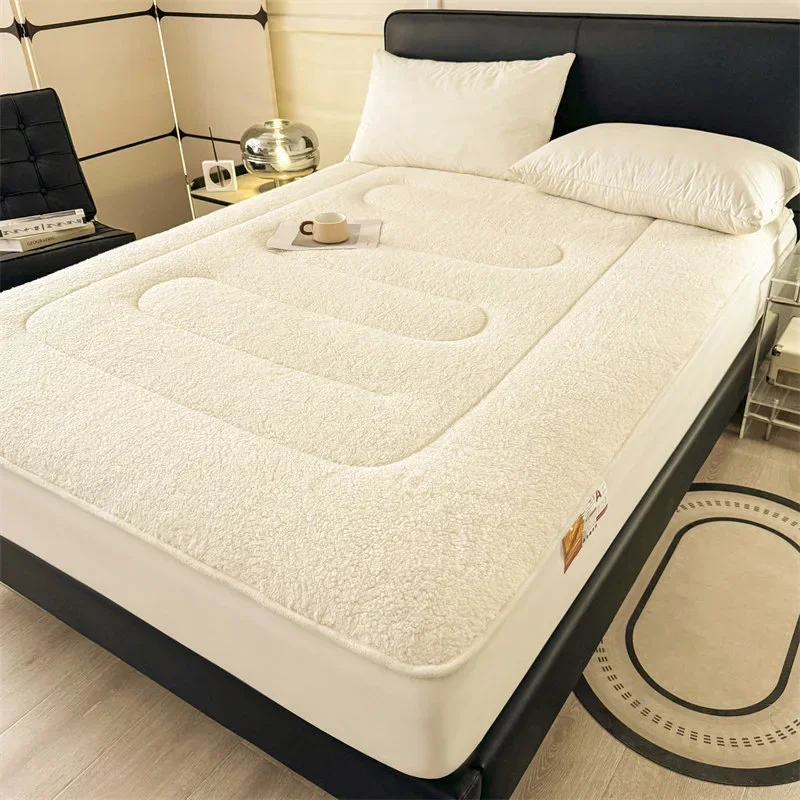 2024 padded thickened lamb wool mattress solid color warm constant temperature mattress machine washable dust protective cover 3