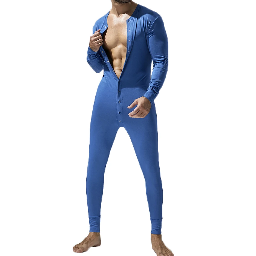 Men Undershirt Jumpsuits Leggings Long Sleeve Button Open Crotch Full Bodysuits Onesies Wrestling Singlet One-piece Leotard
