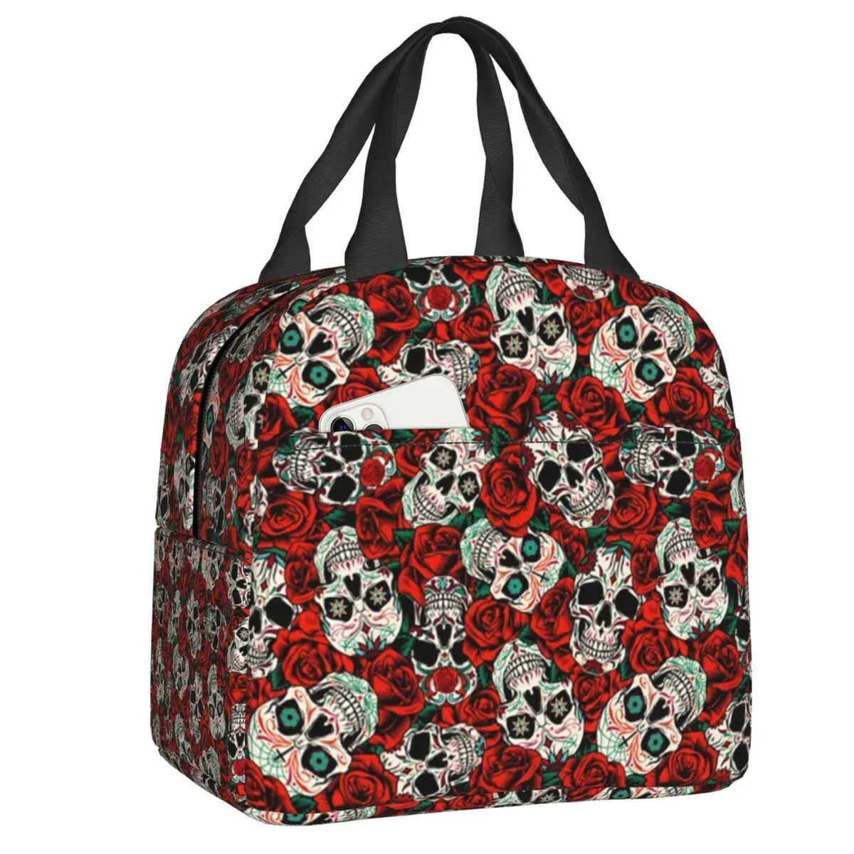 

Sugar Skull And Roses Flowers Insulated Lunch Tote Bag for Women Gothic Design Cooler Thermal Bento Box Outdoor Camping Travel