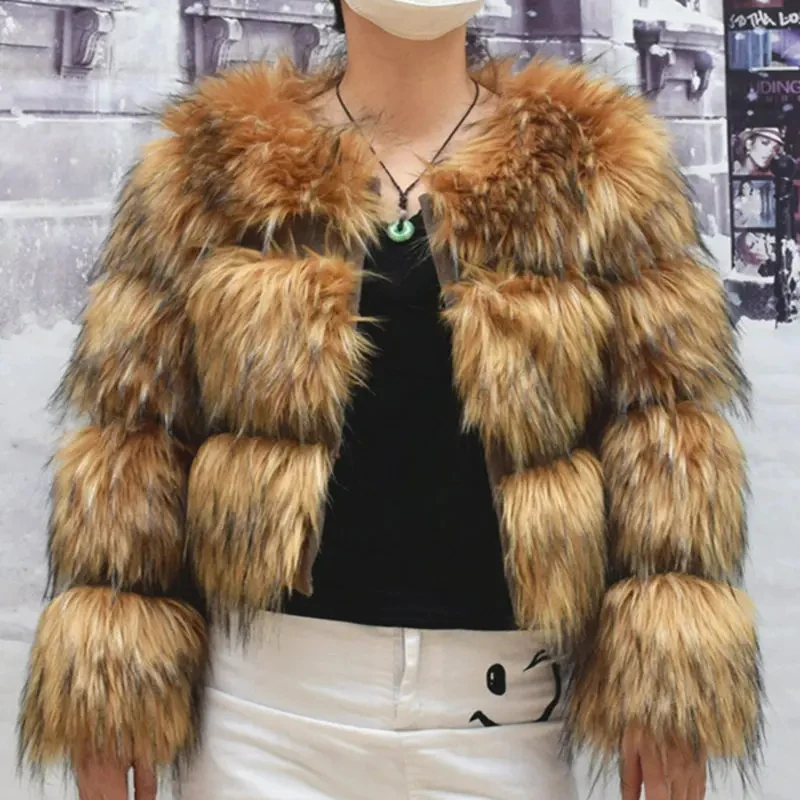 Faux Fur Coat Women's Jacket Winter Fashion Warm Thick Fox Raccoon Leather Brown Plus Size 2022 Especially Fake Fur Cold Coat