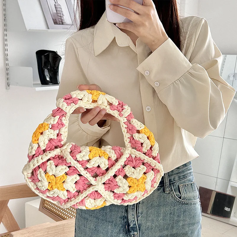 Handmade Crochet Purses and Handbags Bohemian Flower Woven Bags for Women Yarn Knitting Shoulder Bag Ladies Clutch 2024 Purses